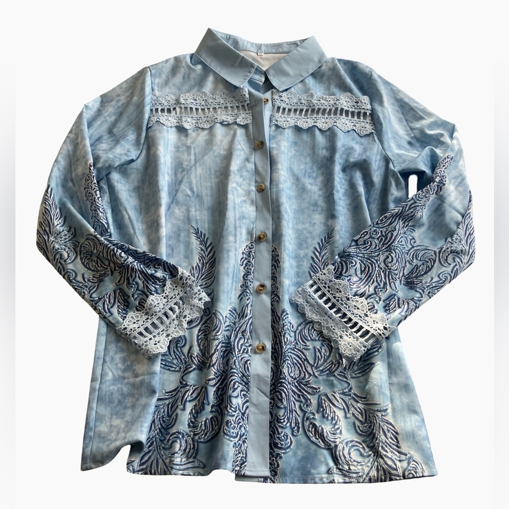 Boho Lace Trim Long Sleeve Multi Blue Floral Button Up Blouse Women Size XL NWOT